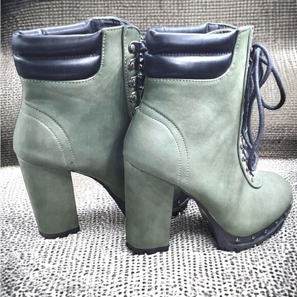 S❤️LD Pazzle l Silver-Studded, Suede Olive Green (& in Tan) Combat Boots Size 6 - Picture 6 of 8